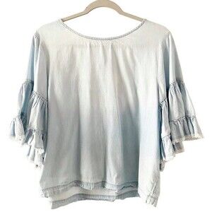 Melrose and Market Ombre Light Blue Chambray Bell Tiered Ruffled Sleeve Top L